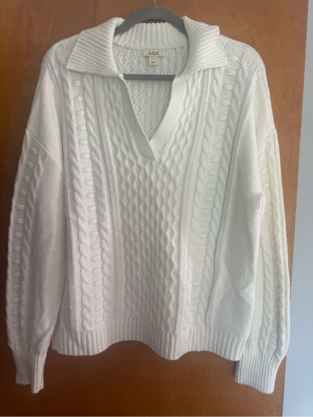 a.n.a Cream Cable-Knit V-Neck Collared Sweater